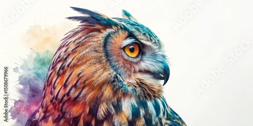 Watercolor Owl Portrait Vivid Bird of Prey with Golden Eye, nature, art