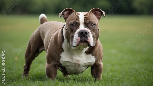 American bulldog standing in a lush green field. photo