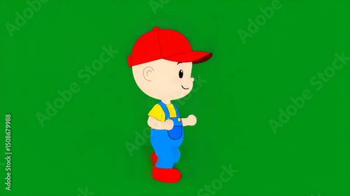 Smiling girl in red dress and cap celebrating Christmas with kids in cartoon style