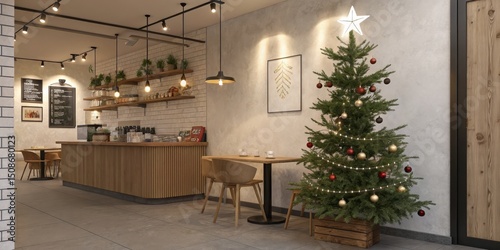 Festive Cafe Interior with Christmas Tree and Lighting, holiday , cafe