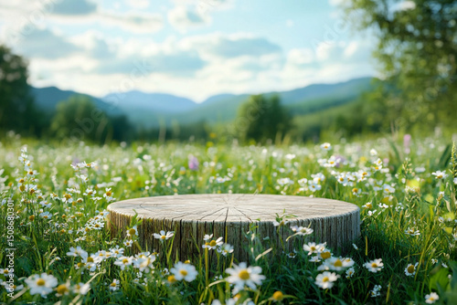 Podium in lush green meadow with wildflowers