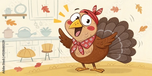 Cheerful Turkey in Kitchen, Thanksgiving , Cartoon