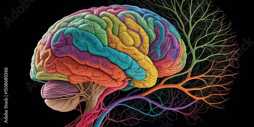 Colorful Brain Anatomy Neural Network Illustration on Black, Neuroscience , Anatomy