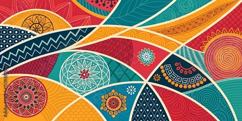 Geometric Mandala Pattern with Vivid Colors and Ethnic Motifs ,Artistic ,Abstract