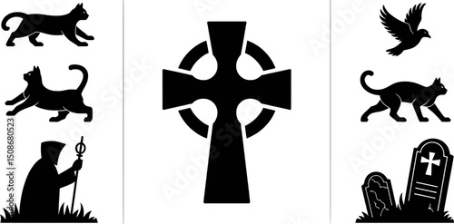 Celtic cross cats birds grave symbols set