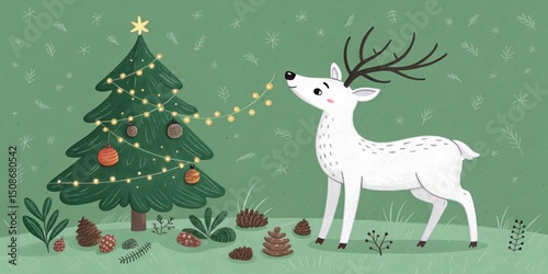 Holiday Deer and Decorated Tree Illustration on Green, Festive, Winter