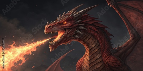 Red Dragon's fiery breath, Majestic creature on dark background, Mythical,Fantasy