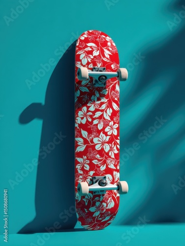 Urban Skateboard with White Gardenia Patterns on Red Against Turquoise Wall - Product Lighting