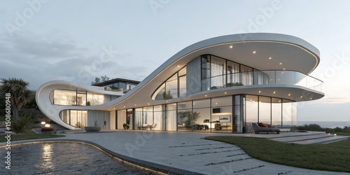Futuristic Home with Curved Design, Glass Facade and Pool, architecture , modern home