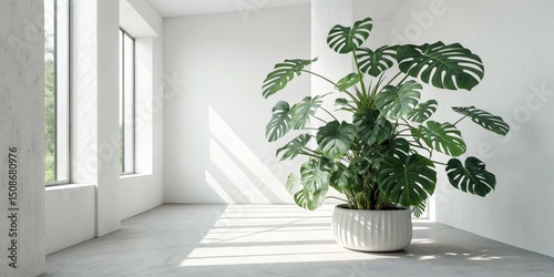 Minimalist Room with Monstera Plant in White Pot, indoor plant , home decor
