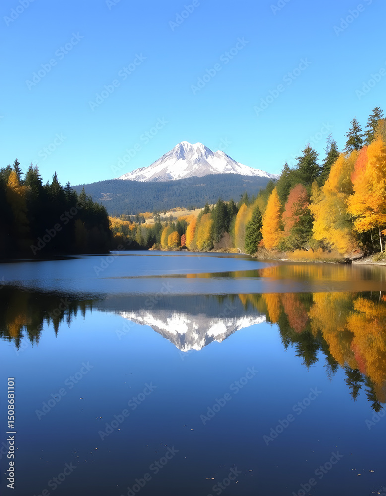 Fototapeta premium The vibrant fall foliage mirrors in the serene waters of Borst Lake, historically called Snoqualmie Mill Pond, while majestic Mount Si towers under a brilliant blue sky., vintage. with white shades