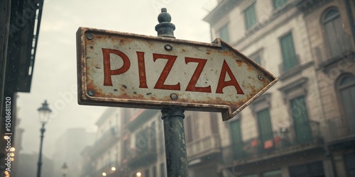 Rustic Pizza Sign Arrow pointing the way in old town, Italy , Street food