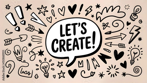 Hand-Drawn Doodle Art with Motivational Words Like Enjoy, Lucky, Dream, Yes and Crown Sketch in Black on White Background