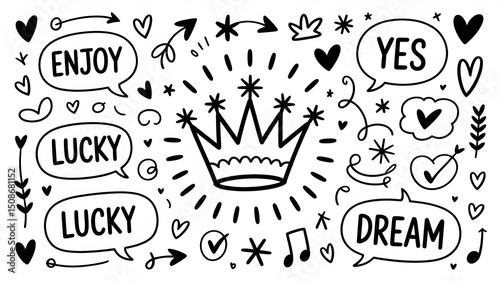 Hand-Drawn Doodle Art with Motivational Words Like Enjoy, Lucky, Dream, Yes and Crown Sketch in Black on White Background