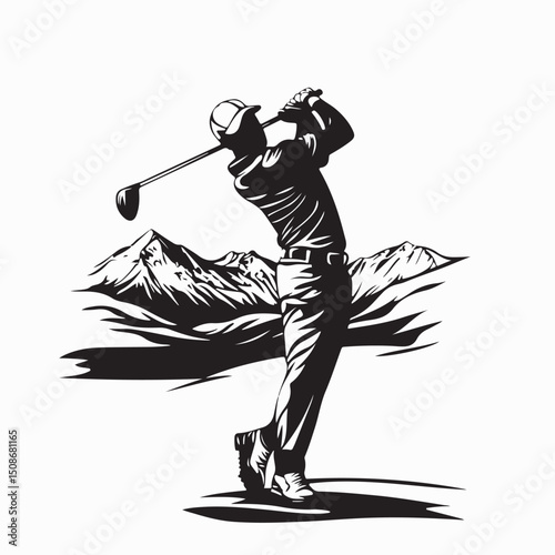 Silhouette of a golfer swinging a club at sunset on a golf course image vector.
