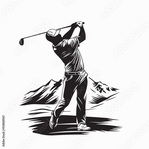 Man swinging golf club on a scenic golf course with mountains in the background image vector