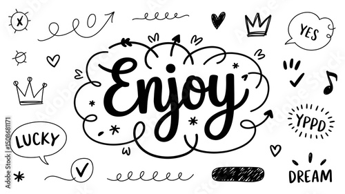 Hand-Drawn Doodle Art with Motivational Words Like Enjoy, Lucky, Dream, Yes and Crown Sketch in Black on White Background