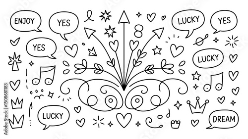 Hand-Drawn Doodle Art with Motivational Words Like Enjoy, Lucky, Dream, Yes and Crown Sketch in Black on White Background