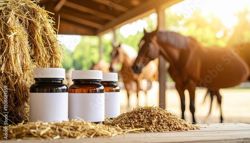 Three jars of equine supplements on a wooden table with hay and horses in the background on a sunny day