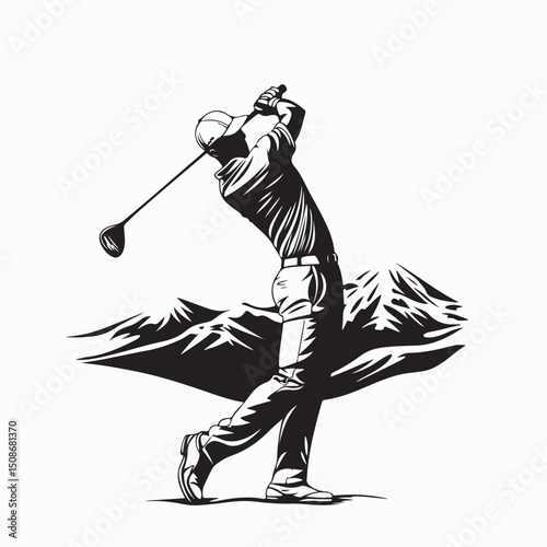 Man swinging golf club on a scenic golf course with mountains in the background image vector