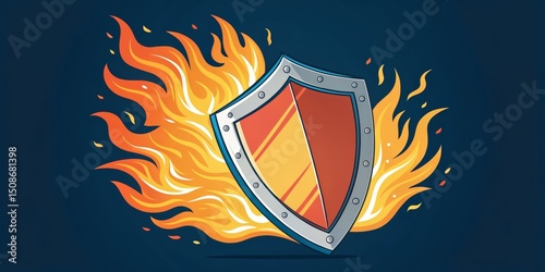 Fiery Shield Cartoon, Protection Concept, Security ,Safety