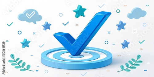 3D Blue Check Mark on Target, Stars and Clouds, Approval, Validation
