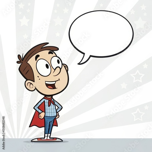 Cartoon Boy with Red Cape and Speech Bubble on Star Burst Background, Super , Hero