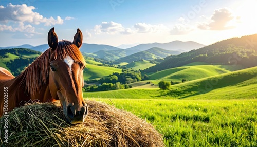 Brown horse resting near a haystack in a lush green meadow with rolling hills and a scenic sky
