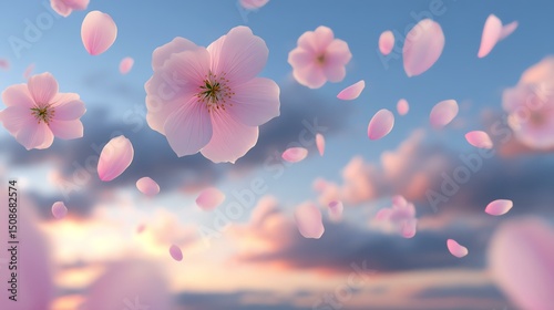 top view of elegant floral spring background composition Beautiful cherry blossoms floating in the sky, creating a serene and tranquil atmosphere during sunset.