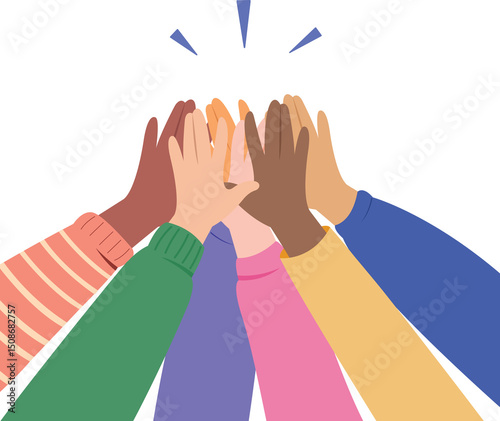 Group of hands giving high five, concept for success, teamwork and friendship.