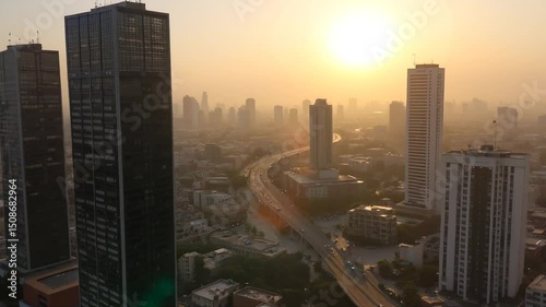 Aerial View of City Skyline at Sunrise with Towering Buildings