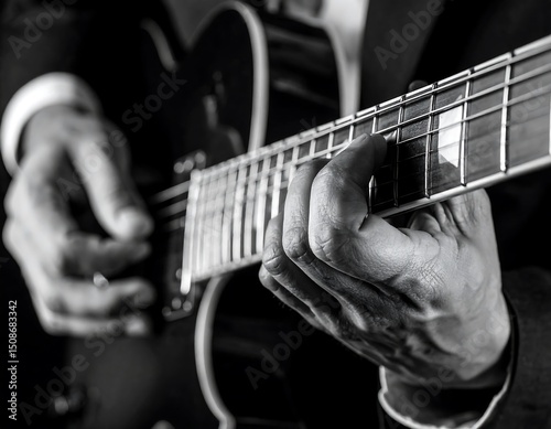 Close-up monochrome shot of hands playing an electric guitar