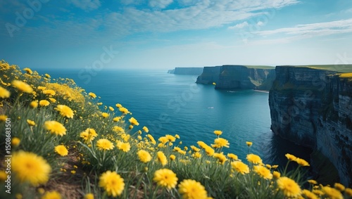 A stunning view of cliffs with yellow flowers near the calm blue sea photo