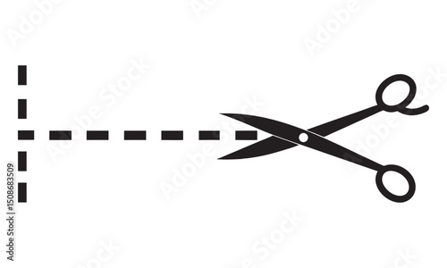 Isolated Black Scissors Icon Vector, black scissor icon cutting through a dotted horizontal line on white background, simple vector style useful for coupon, trim or cutout concepts