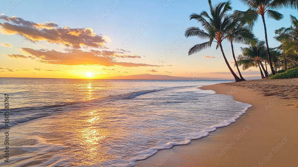 Fototapeta premium Vibrant sunset over tranquil beach with gentle waves and palm trees swaying in breeze
