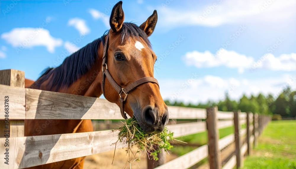 Obraz premium Brown horse with a white patch chewing grass on a sunny day in a lush green pasture behind wooden fencing