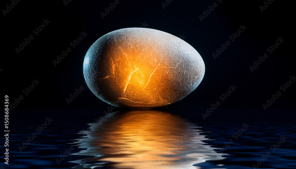 glowing stone egg artwork with dramatic lighting and water reflection