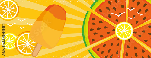 Colorful summer vacation banner with fruits and ice cream. Hand drawn illustration. 