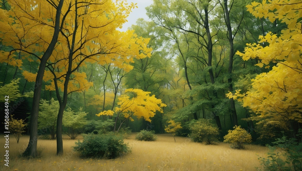 Obraz premium Serene woodland scene with yellow and green leaves on trees and shrubs, illustrating the peaceful seasonal transition in a natural forest setting.