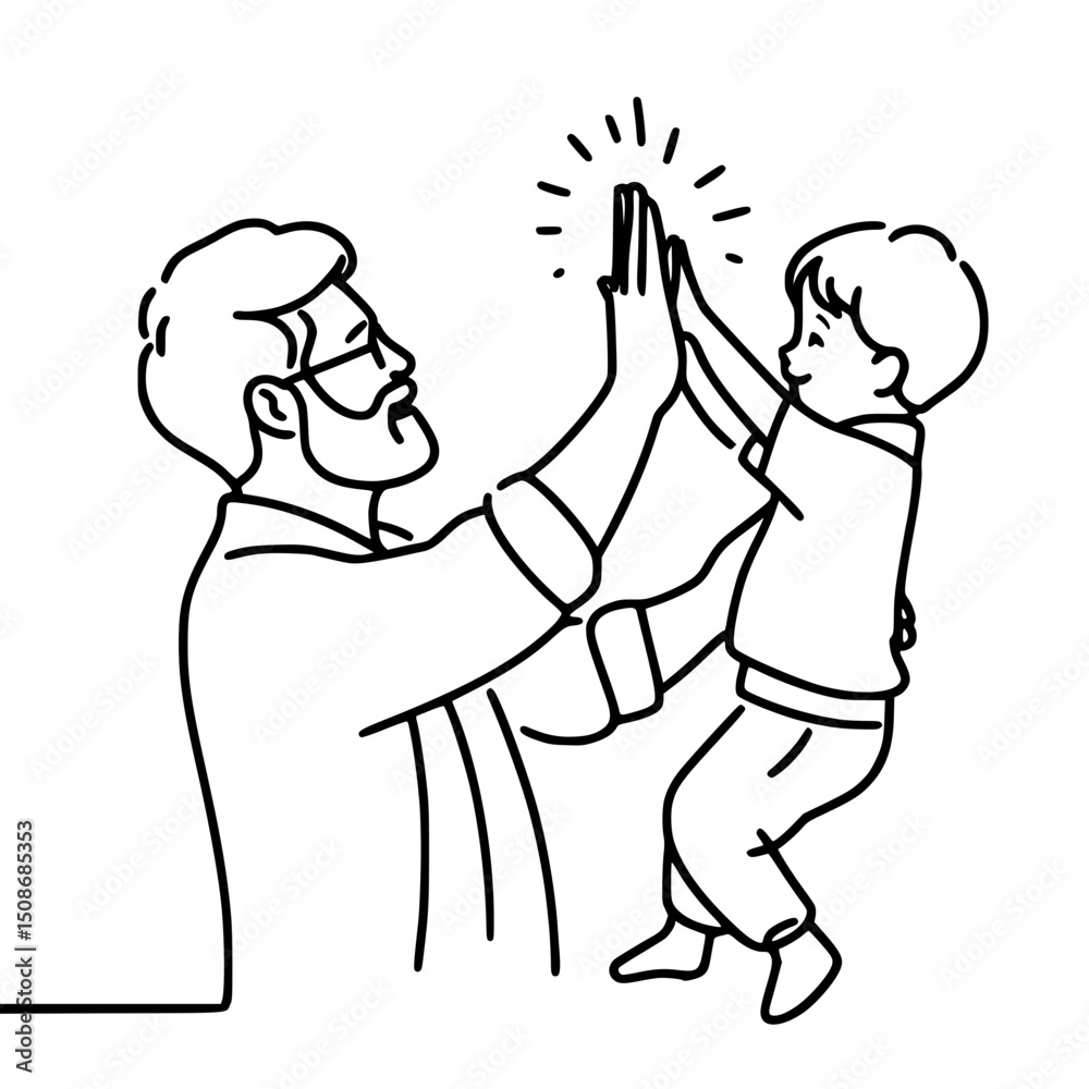 Fototapeta premium grandfather playing high five with happy kid in line art style - Single Line Vector Outline Concept