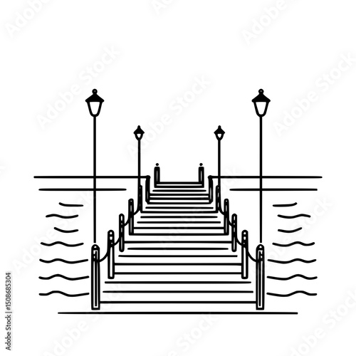 Simple linear outline of a dock with lampposts by the water  