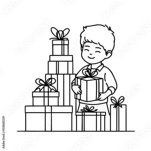 Boy smiling happily holding gift among stacked presents - Single line vector outline concept