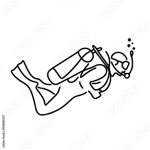 Diver swimming underwater with air tank on his back in vector style with single line diagram