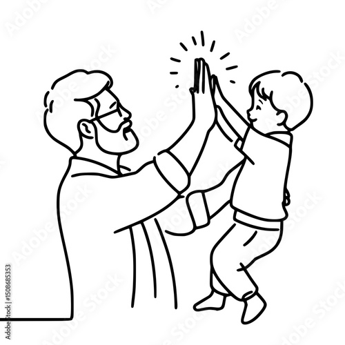 grandfather playing high five with happy kid in line art style - Single Line Vector Outline Concept