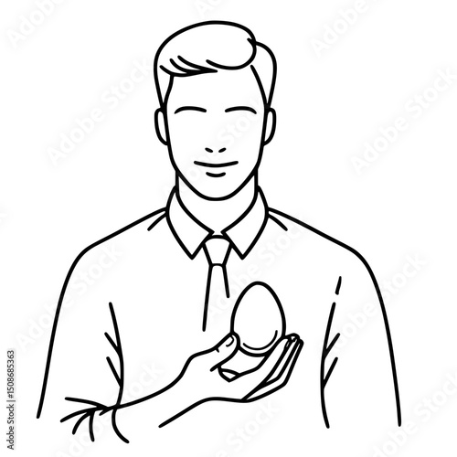 Man in shirt and tie holding egg smiling in minimalist line art style - Single line vector outline concept