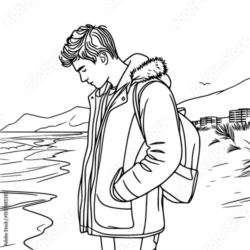 Young man standing in warm jacket on beach and looking down, minimalistic lineart drawing
