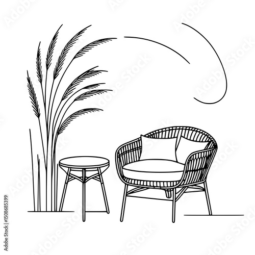 Minimalist outdoor seating area with plants and table in outline vector style  