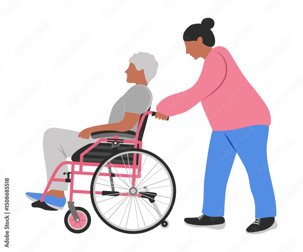 Woman driving man in wheelchair. Vector isolated drawing nurse, volunteer, relative taking care of sick pensioner, patient. Social problem of people with disabilities. In flat style Woman driving man in wheelchair. Vector isolated drawing nurse, volunteer, relative taking care of sick pensioner, patient. Social problem of people with disabilities. In flat style