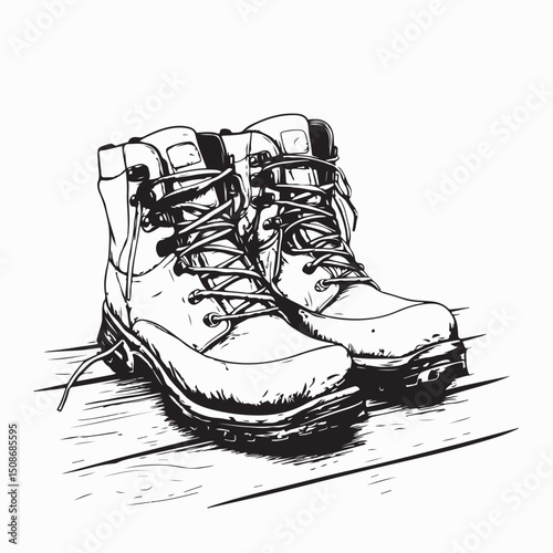 Hiking boots on wooden surface suggest readiness for outdoor adventure image vector.