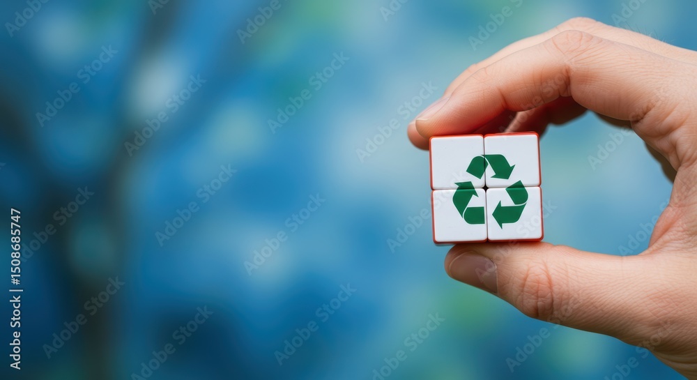 Hand holding a cube with a recycling mark drawn on it - forest background Hand holding a cube with a recycling mark drawn on it - forest background